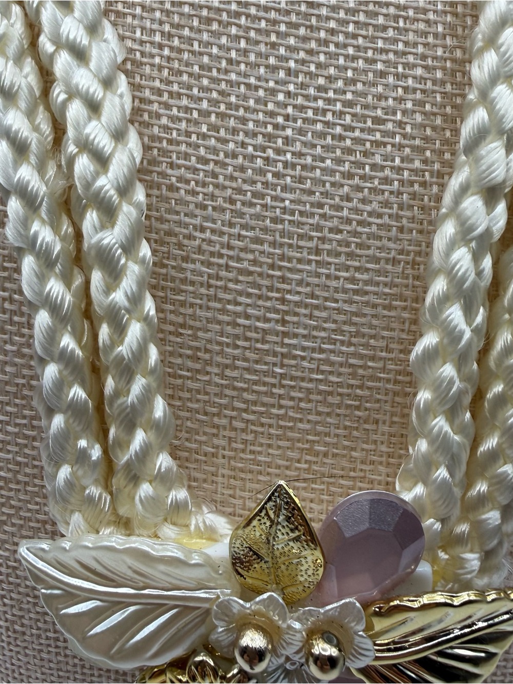 Cream Braided Necklace with Gold Leaf and Pastel Accents - Picture 2 of 6